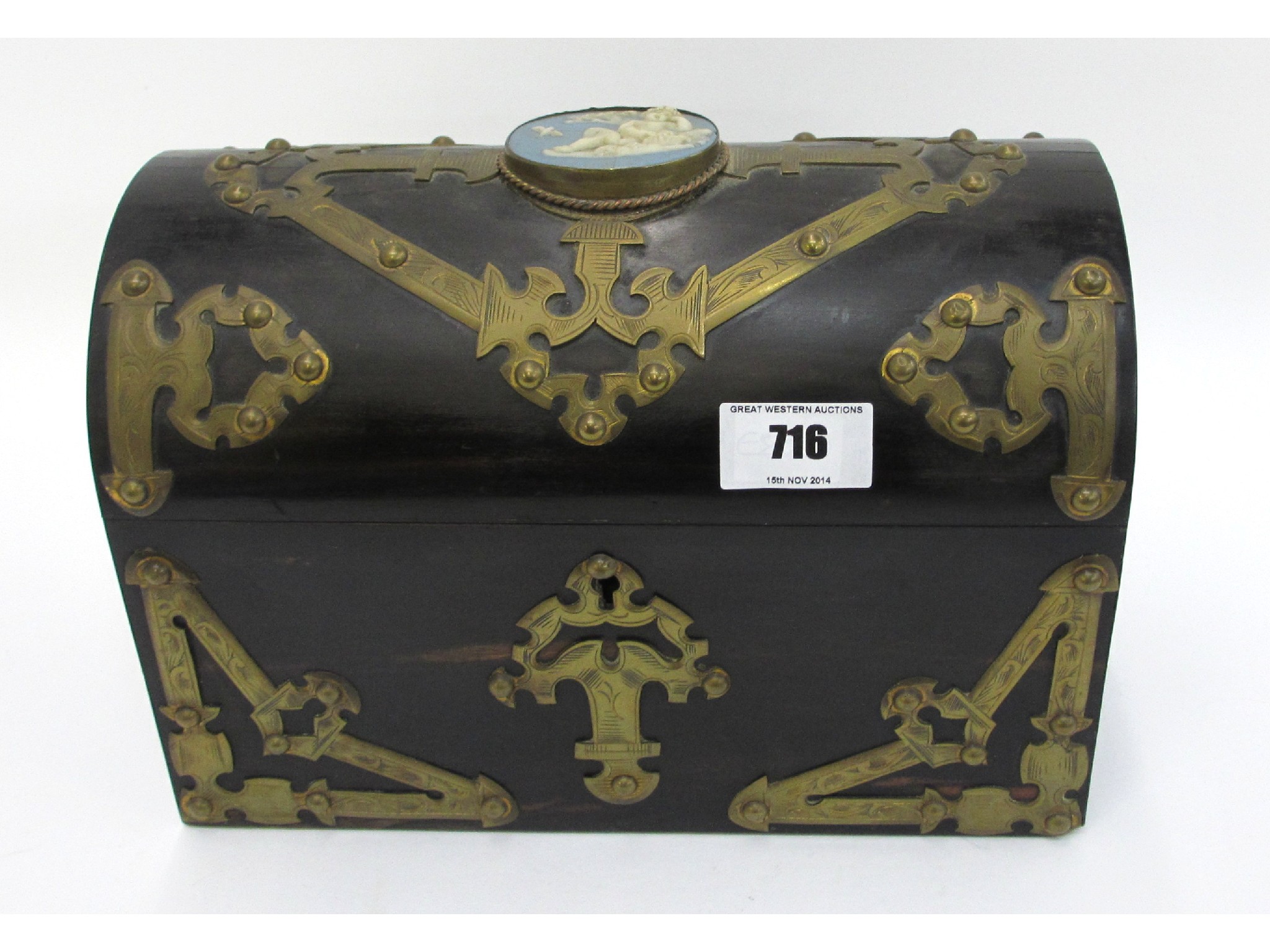 Appraisal: Brass mounted Coromandel dome topped box with blue Jasperware inset