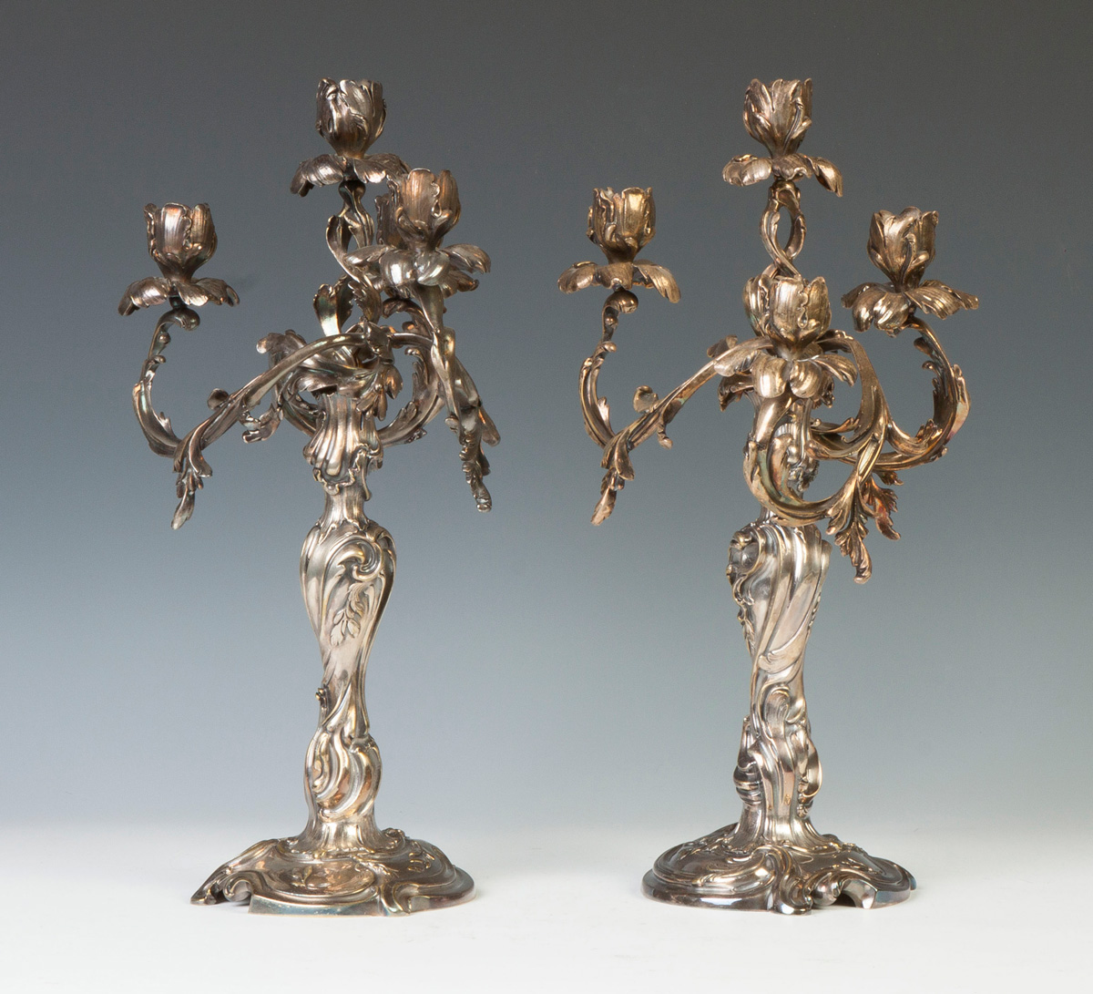 Appraisal: Pair of French Candelabras th cent Leaf floral design Silver