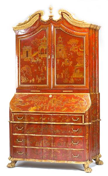 Appraisal: A good Venetian Rococo style scarlet and gilt lacquered secr