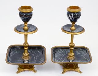 Appraisal: PAIR OF LIMOGES ENAMEL AND BRASS CANDLESTICKS French Each decorated