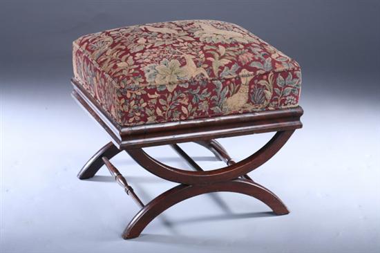 Appraisal: EMPIRE MAHOGANY X-FORM BENCH th century with unicorn tapestry upholstery