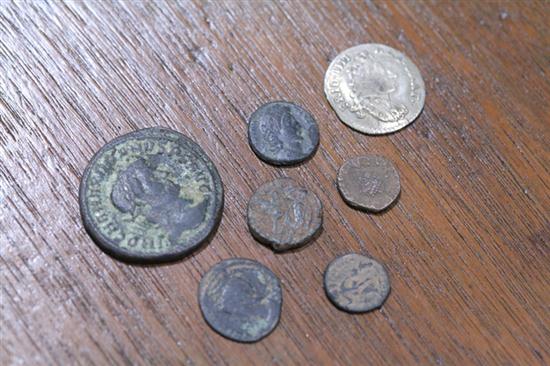 Appraisal: SEVEN COINS Six are ancient Roman coins Silver coin is