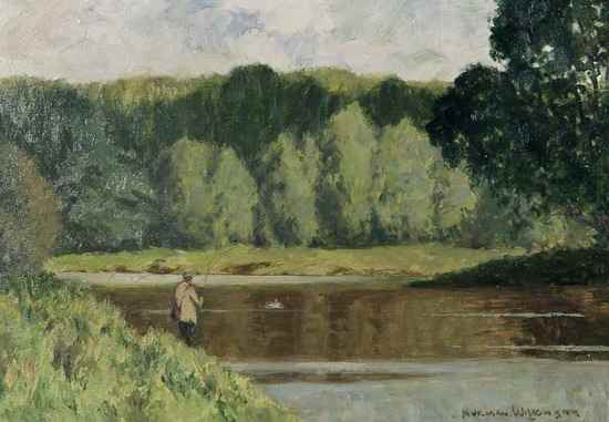 Appraisal: Norman Wilkinson - A fisherman playing his trout Oil on