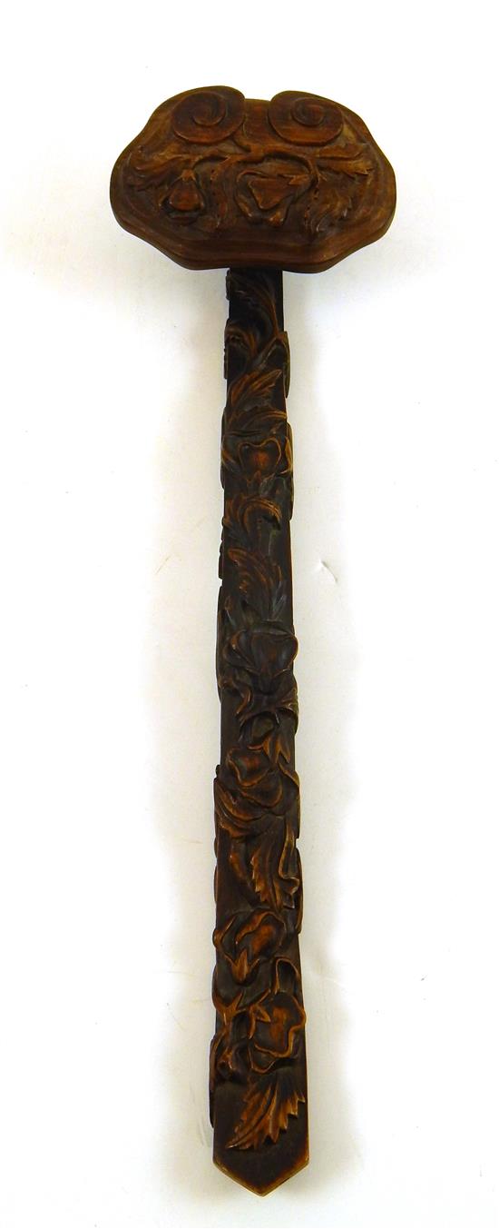 Appraisal: ASIAN th C Chinese vine-carved wood ruyi scepter floral and