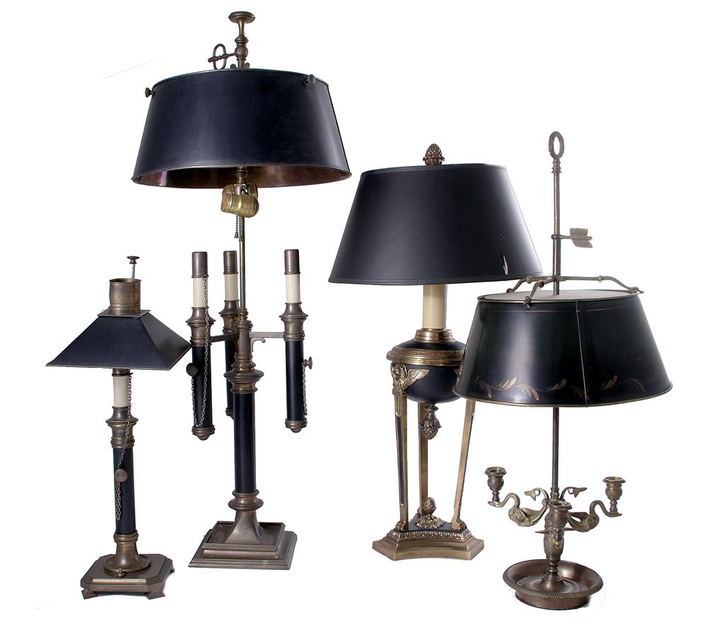 Appraisal: Brass table lamps with tole shades swan arm H three