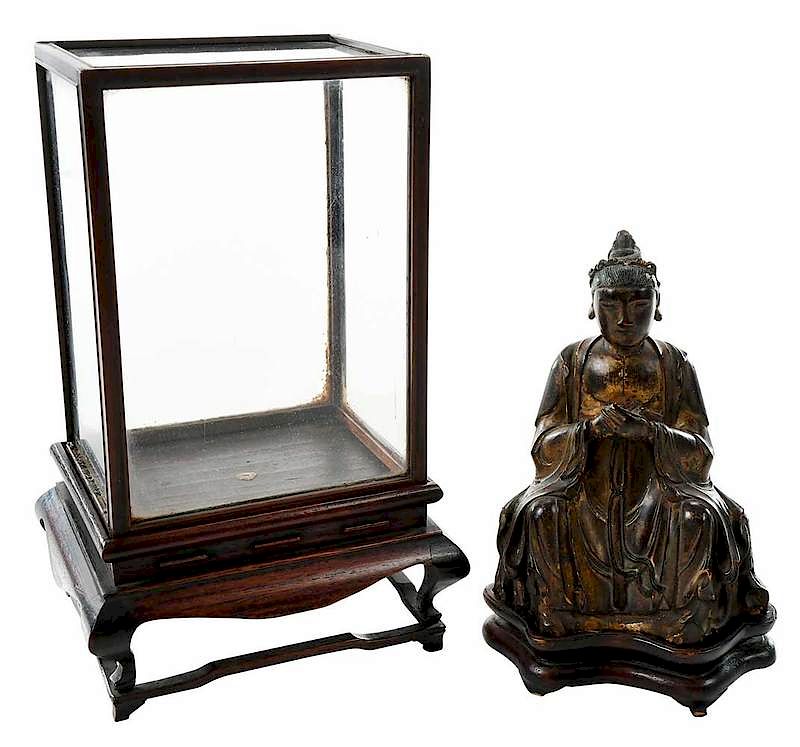 Appraisal: Carved Buddha with Stand and Miniature Vitrine Japanese th century