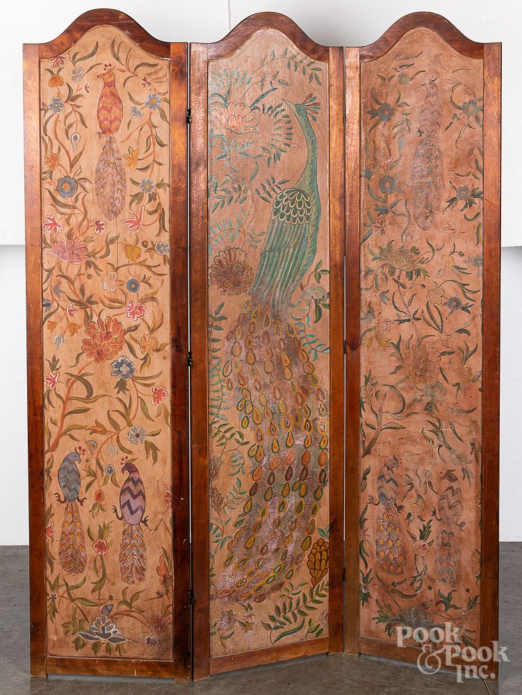 Appraisal: Painted three-part folding screen early th c Painted three-part folding