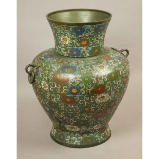 Appraisal: Asian Cloisonne Enamel Jar Asian cloisonne enamel jar open bottom