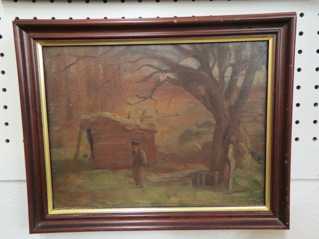 Appraisal: Impressionistic Oil Painting figure by a shed on board image