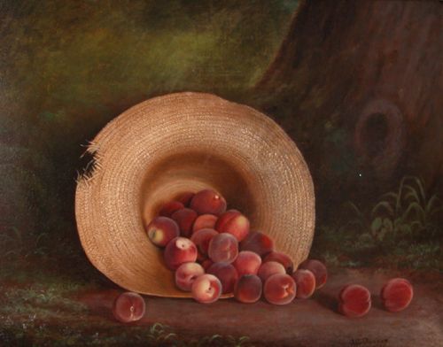 Appraisal: A still life of peaches that have tumbled from a