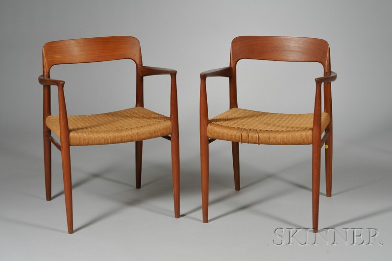 Appraisal: Two Danish Armchairs Teak and papercord Curved back rest and