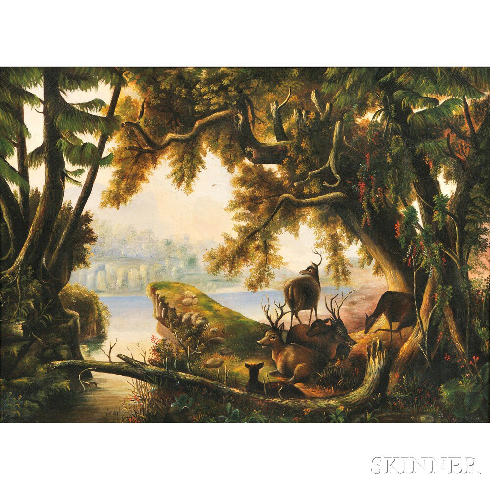 Appraisal: American School th Century Landscape with Deer Unsigned Oil on