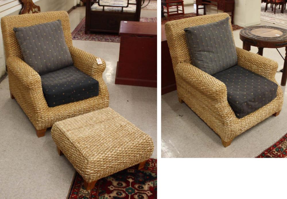 Appraisal: A PAIR OF WOVEN WATER HYACINTH ARMCHAIRS AND MATCHING OTTOMAN