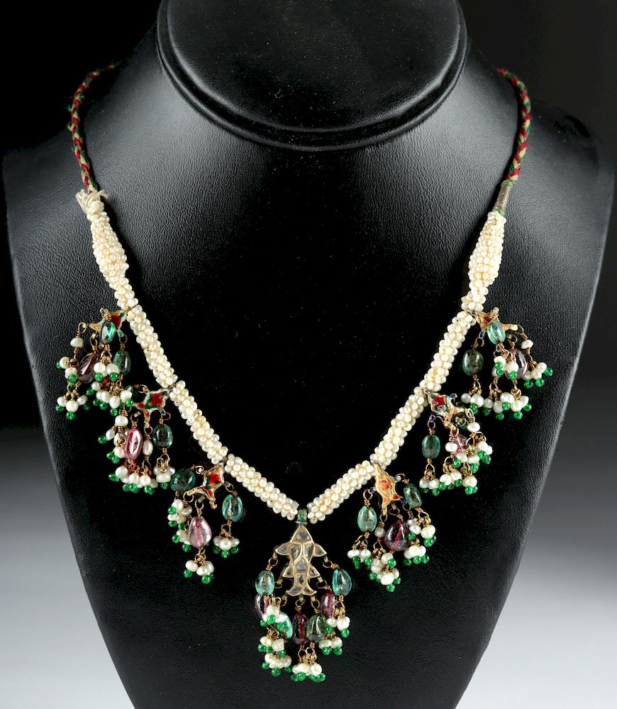 Appraisal: th C Indian Necklace - Gold Seed Pearl Gemstones Central