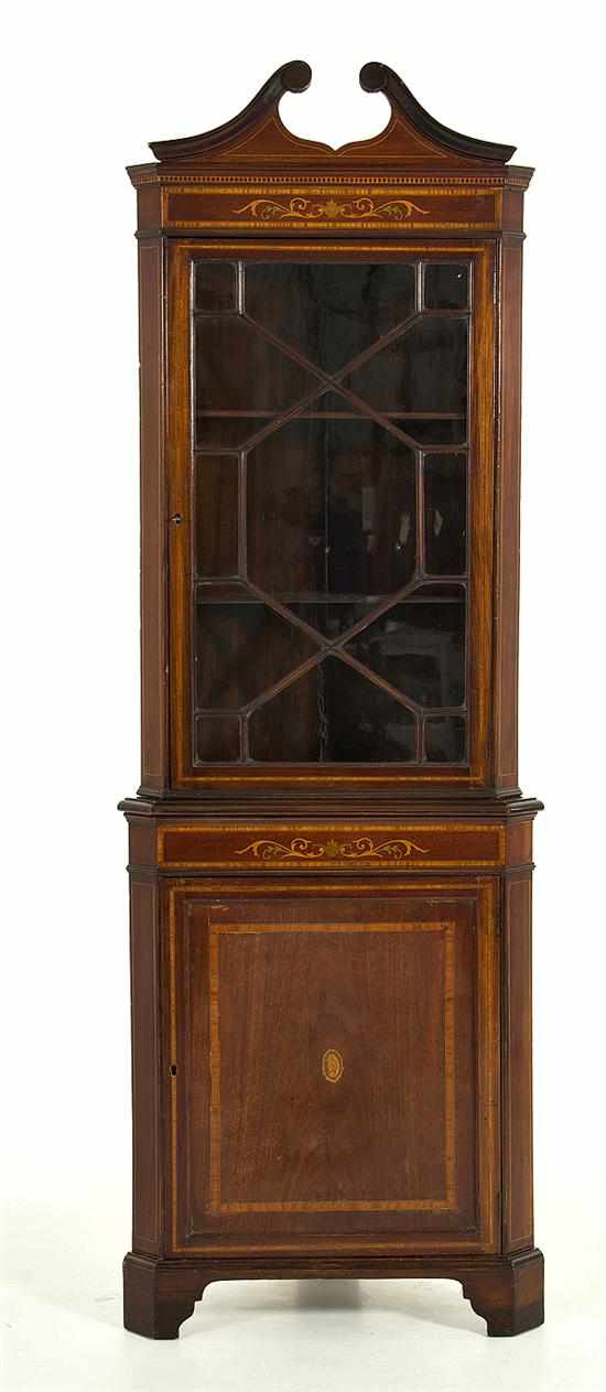 Appraisal: George III style inlaid mahogany corner cabinet early th century