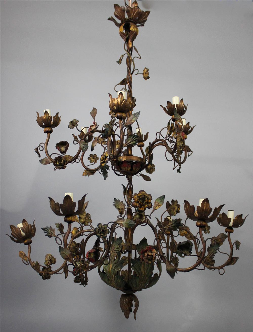 Appraisal: GILT METAL AND POLYCHROME PAINTED TWELVE LIGHT CHANDELIER having two