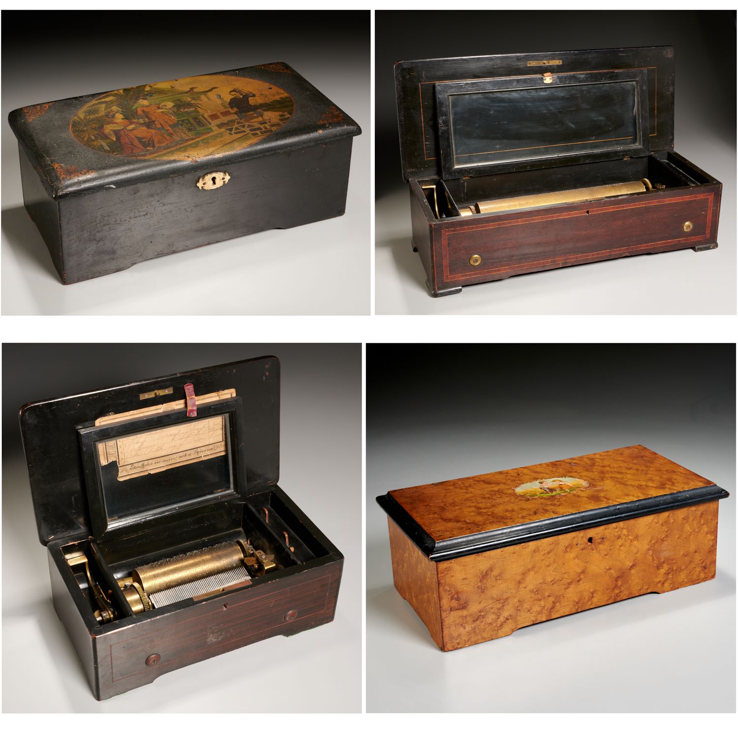 Appraisal: GROUP SWISS CYLINDER MUSIC BOXES th c two with marquetry