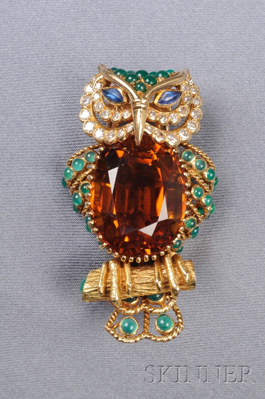 Appraisal: kt Gold Citrine Diamond and Gem-set Owl Brooch Champagnat France