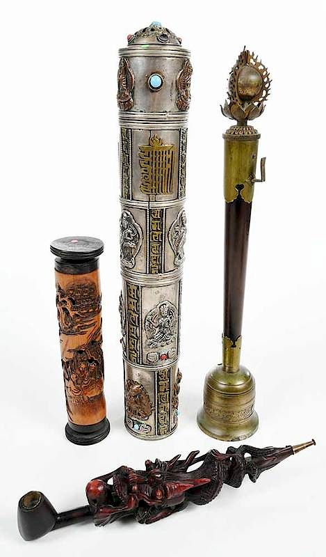 Appraisal: Two Asian Scroll Holders Pipe Temple Bell th century scroll