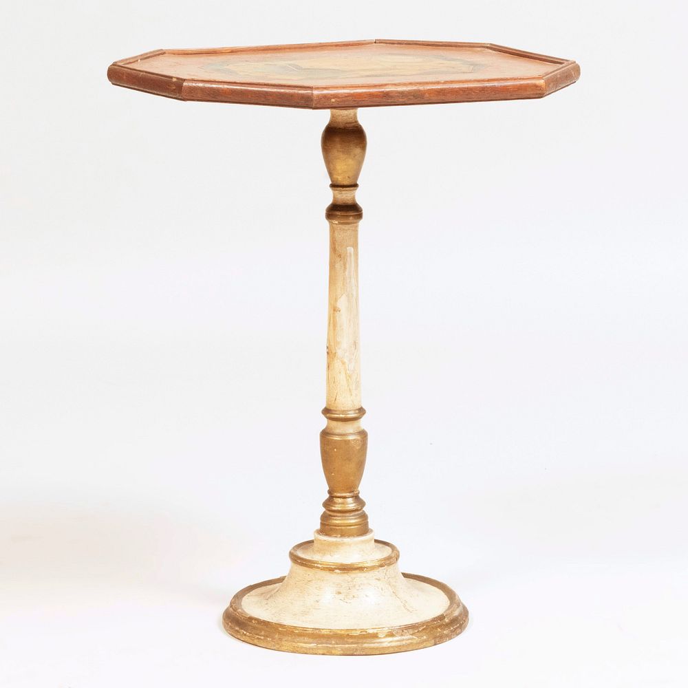 Appraisal: Low Drinks Table with Hexagonal Painted Trompe L'Oeil Top Leather