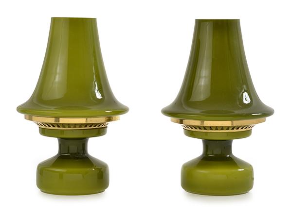 Appraisal: PAIR OF HANS-AGNE JAKOBSSON LAMPS c s olive green glass