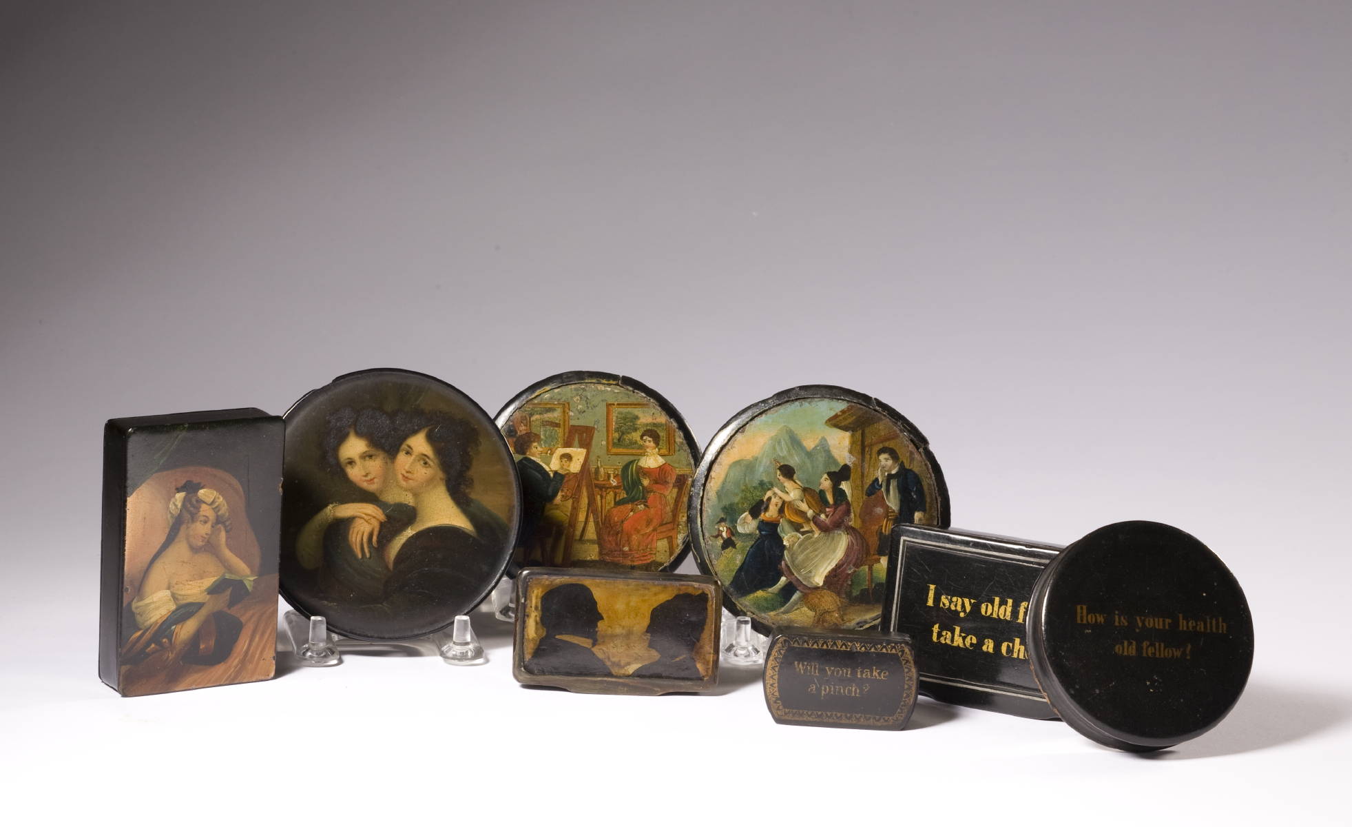 Appraisal: COLLECTION OF EIGHT EUROPEAN PAPIER MACHE SNUFF BOXES Length of