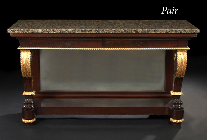 Appraisal: Pair of Regency-Style Parcel-Gilt and Ebonized Mahogany and Granite-Top Pier