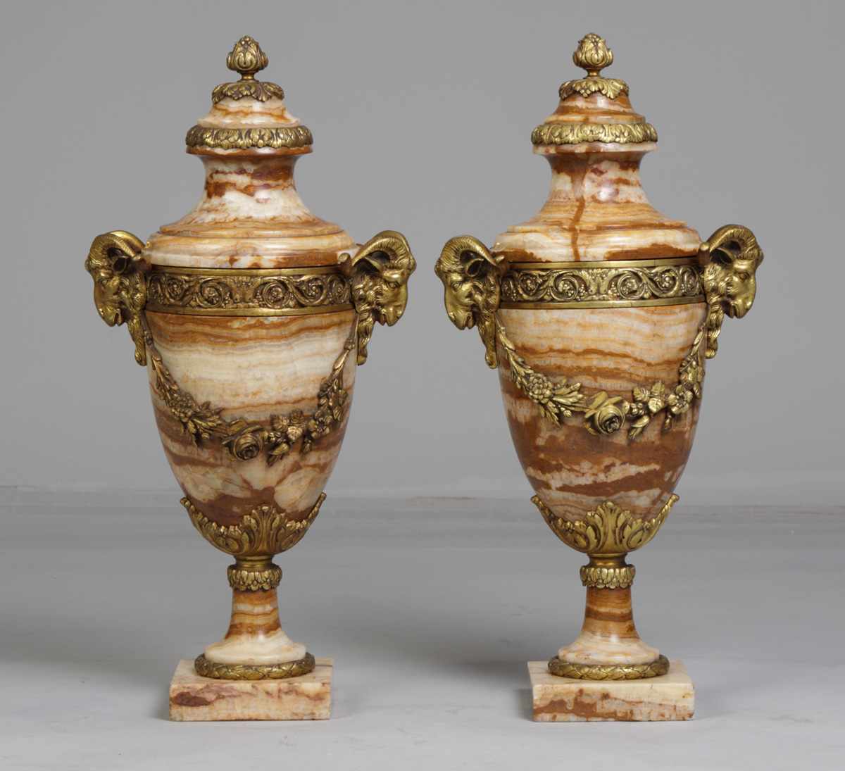 Appraisal: A Pair of Marble Gilt Bronze Urns th cent With