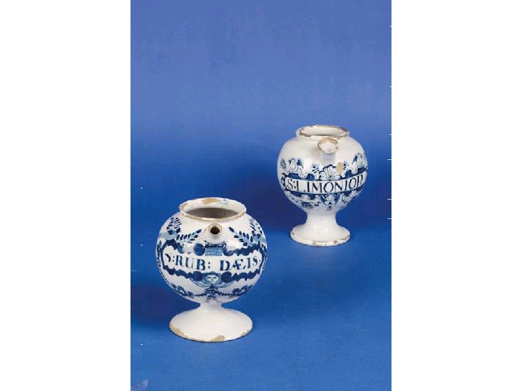 Appraisal: A PAIR OF LONDON DELFT LATE TH CENTURY DRUG JARS