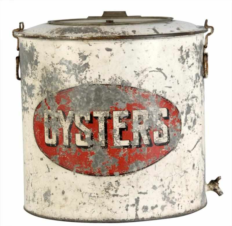 Appraisal: Large Metal Oysters Canister Description Printed Oysters on top with