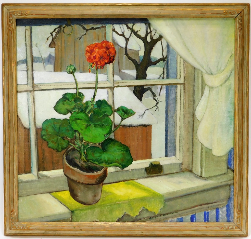 Appraisal: ABIGAIL BROWN WINTER WINDOW STILL LIFE PAINTING Illinois - Circa