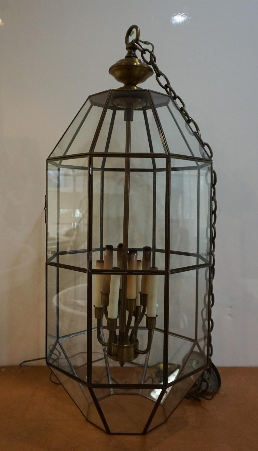 Appraisal: EIGHT LIGHT BRASS AND GLASS LANTERN STYLE HANGING LIGHT FIXTURE