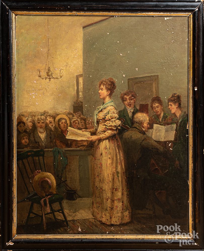 Appraisal: Oil on board interior with a woman singing Oil on