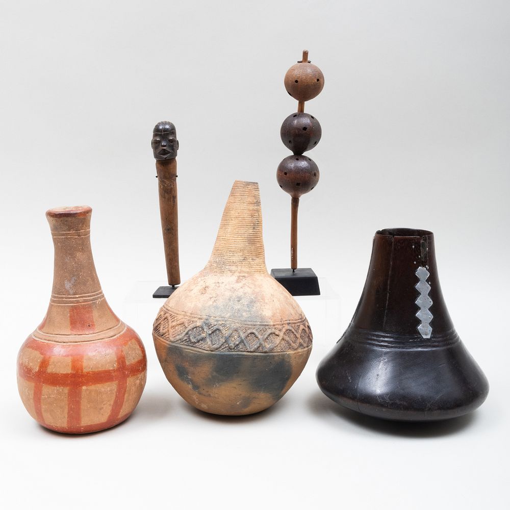 Appraisal: Group of Five African Articles Including a Luba Rattle Three