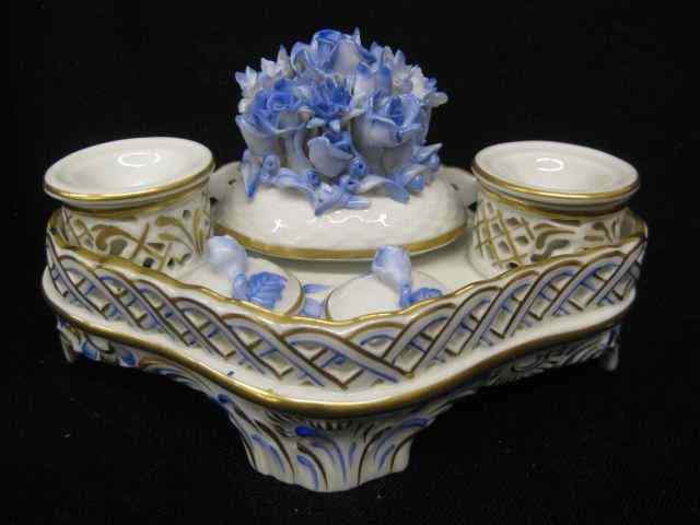 Appraisal: Herend Porcelain Inkstand fancy applied blue floral and openwork gallery