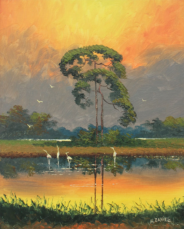 Appraisal: DANIELS Willie American th Century Florida Sunset Landscape with Herons