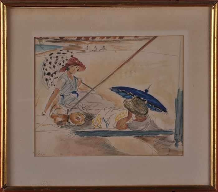 Appraisal: EUROPEAN SCHOOL PAIR OF UNTITLED DRAWINGS WOMAN AT THE BEACH