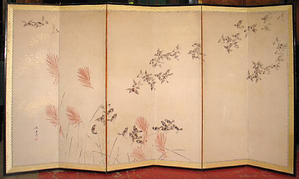 Appraisal: Shijo School th Century Sparrows and grasses Mid-size six panel