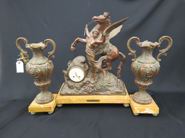 Appraisal: French Figural Bronzed Marble Clock Mantle Set th century La