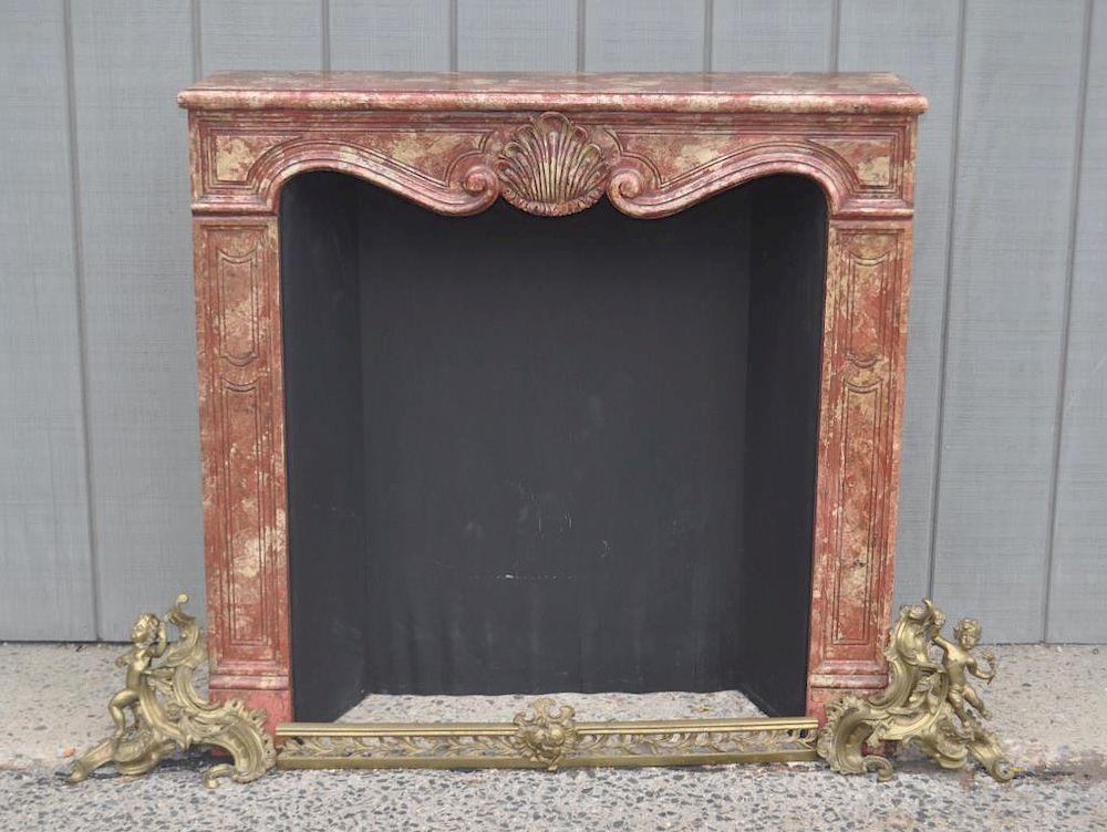 Appraisal: French Faux Marble Fireplace Mantel Accessories finely carved wooden simulated