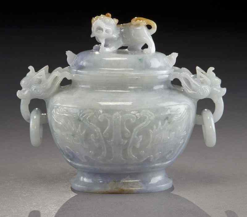 Appraisal: Chinese carved jadeite censer depicting the face of the beast