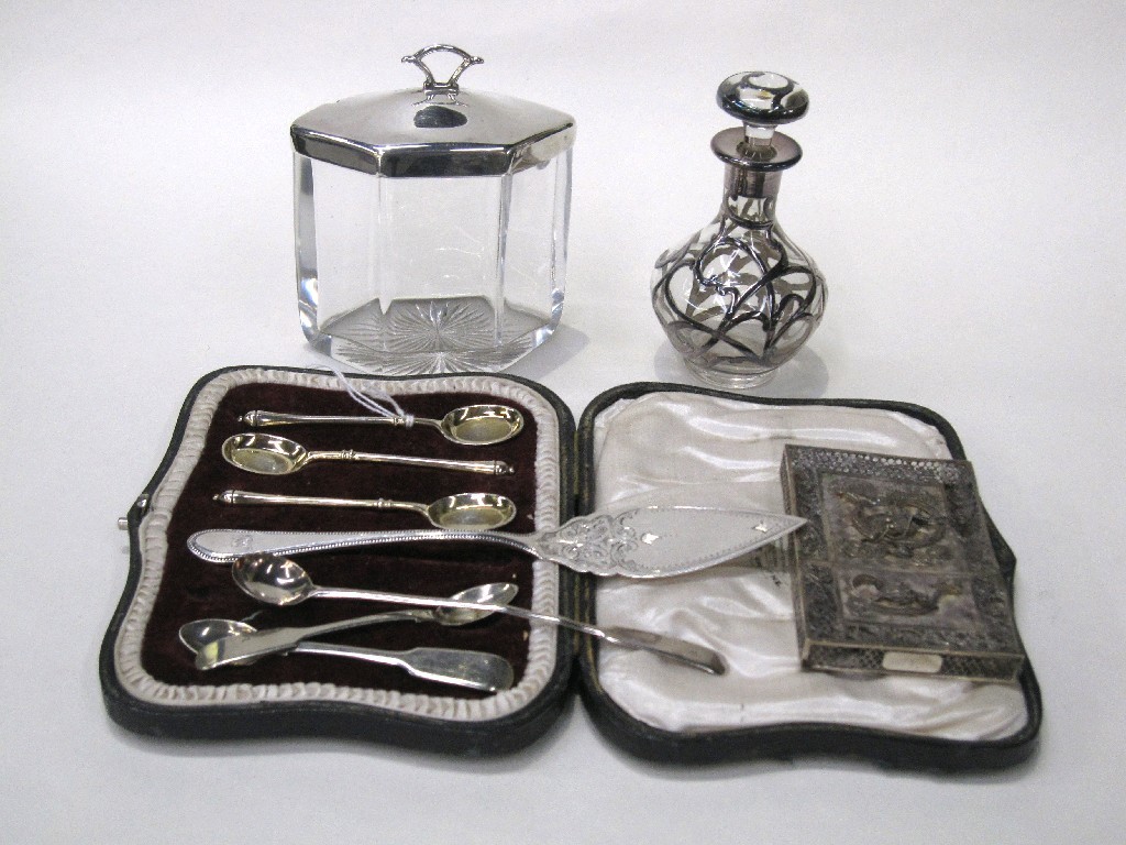 Appraisal: Lot comprising silver topped jar silver spoons silver cake slice