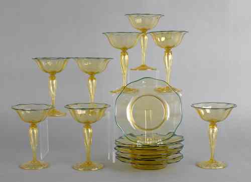 Appraisal: Eight yellow glass sherbets with underplates and green rims h