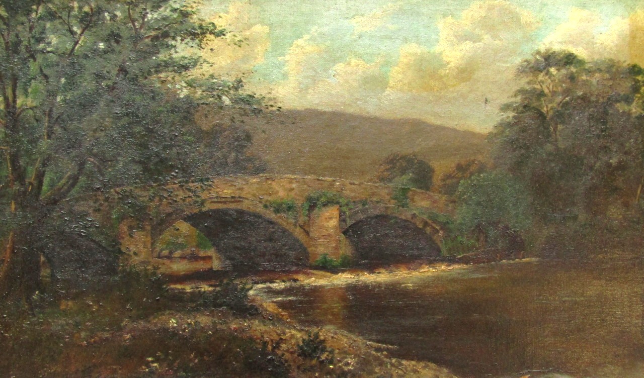 Appraisal: George Turner - Calm stream before bridge and mountains on