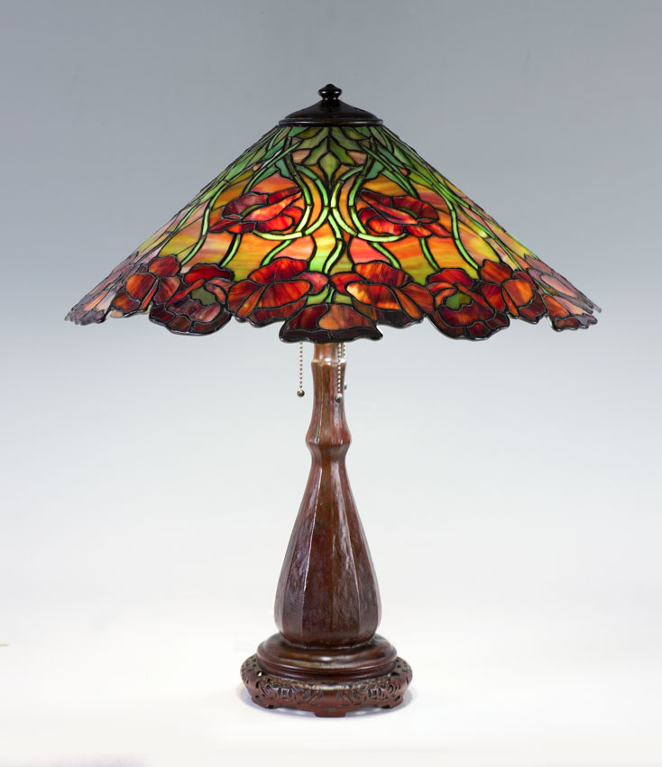 Appraisal: UNIQUE POPPY LEADED GLASS TABLE LAMP Signed Handel patinated bronze