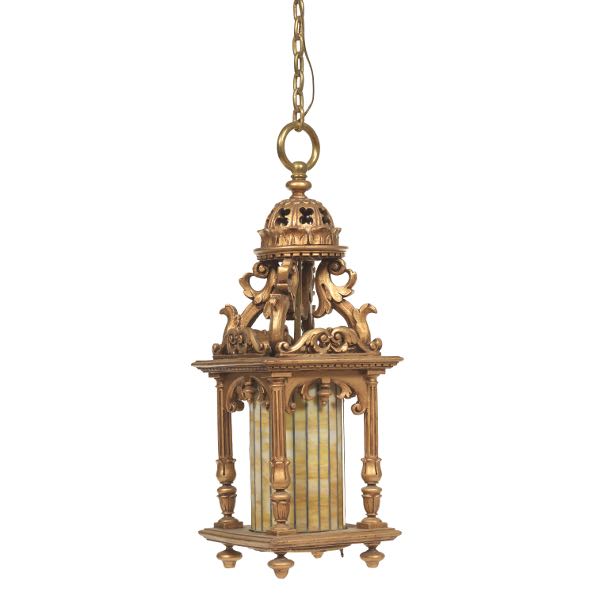 Appraisal: HANGING LANTERN x x Gilt wood with leaded glass hanging