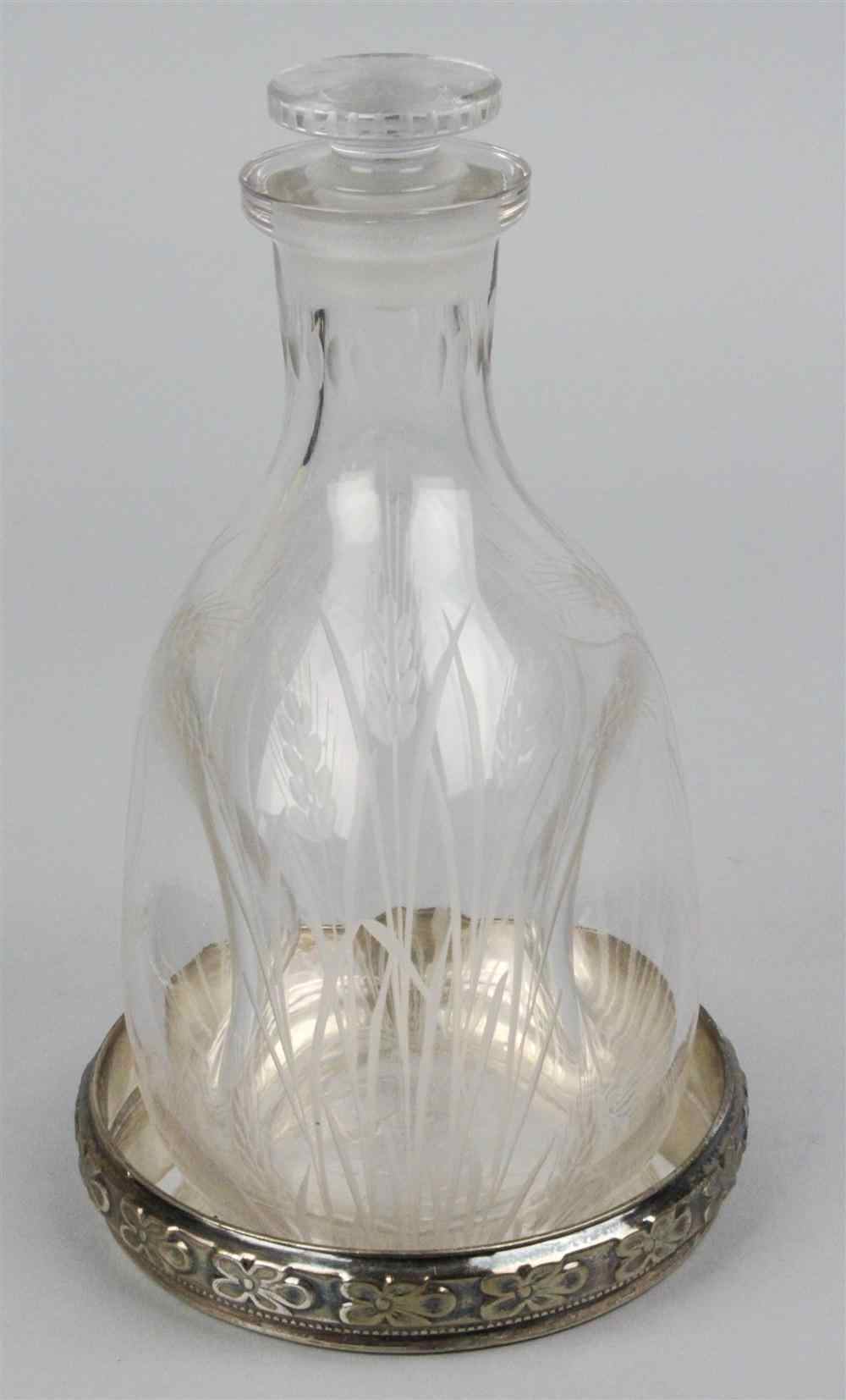 Appraisal: GLASS DECANTER AND SILVER COASTER Glass possibly early Corning the