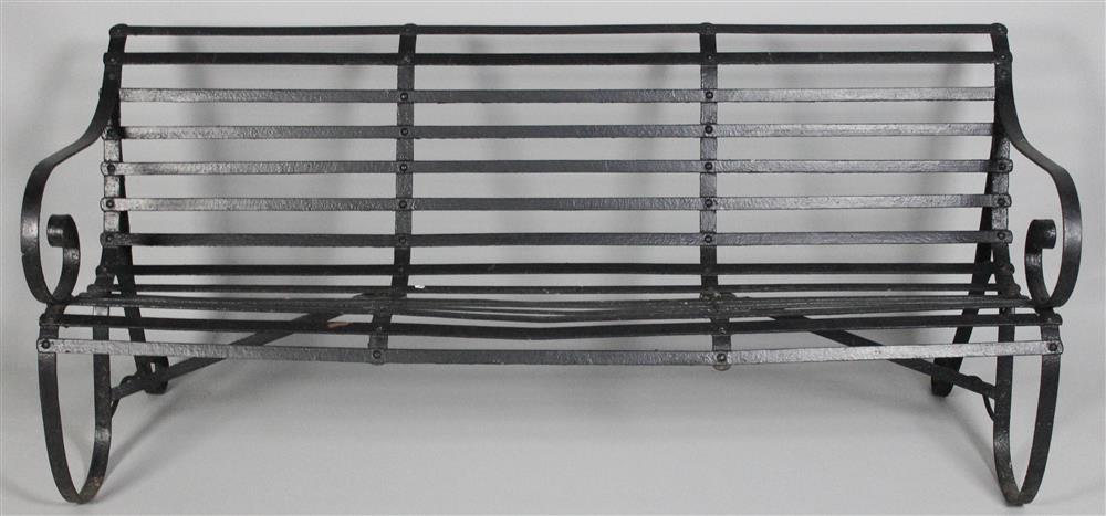 Appraisal: ENGLISH BLACK WROUGHT IRON GARDEN BENCH CIRCA seating with open