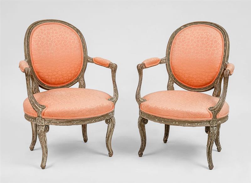 Appraisal: Pair of Louis XVI Style Painted Fauteuils en Cabriolet x