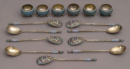 Appraisal: SIX RUSSIAN TURQUOISE-GROUND ENAMEL AND SILVER SALTS AND NINE TEASPOONS